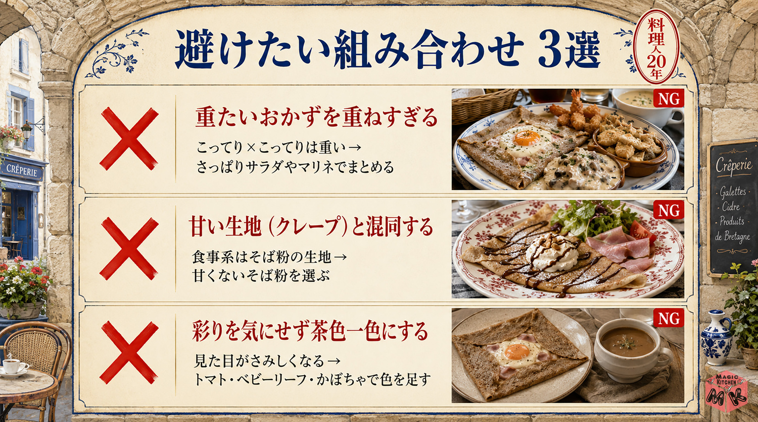 ガレットの献立で避けたい組み合わせ3選の図解