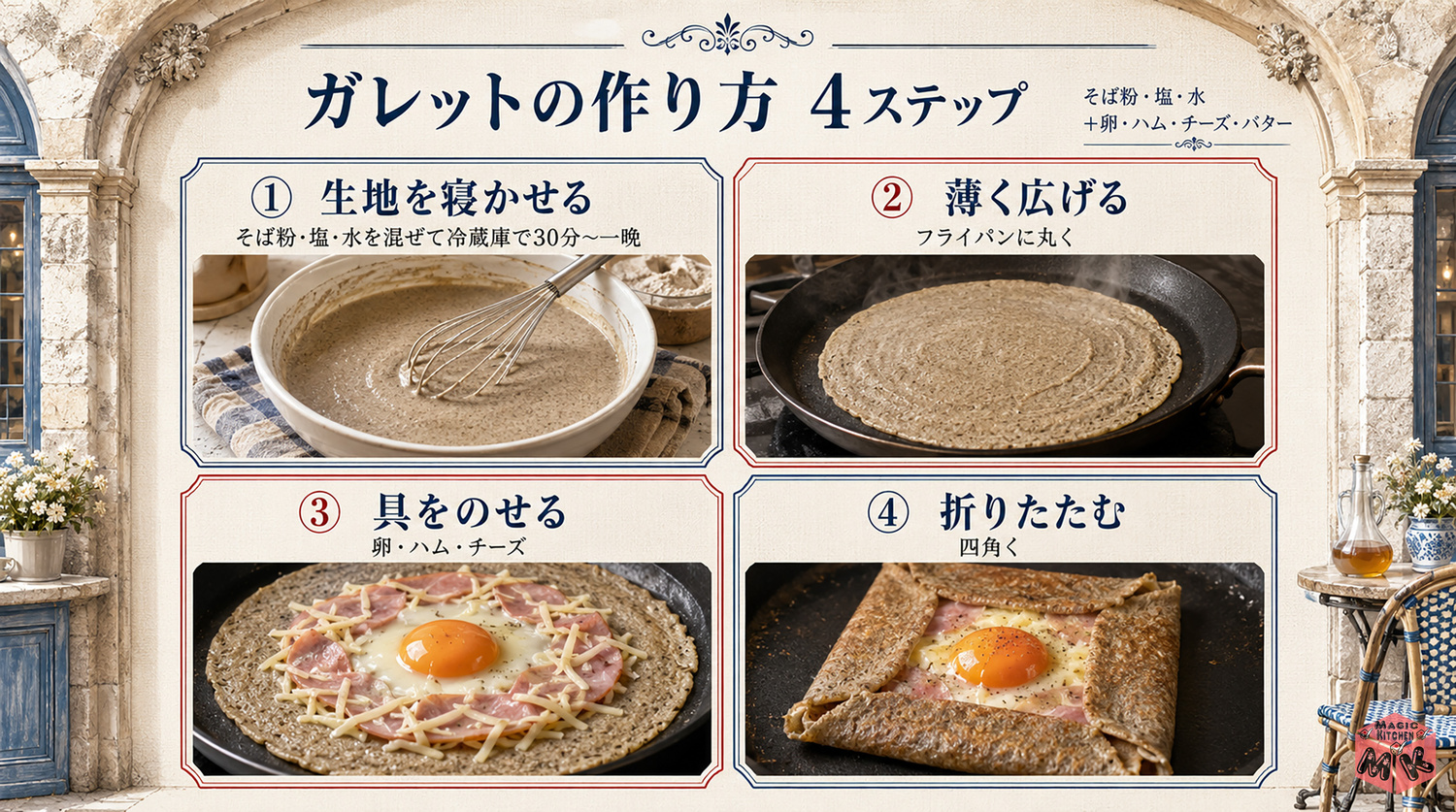 ガレットの焼き方4ステップの図解