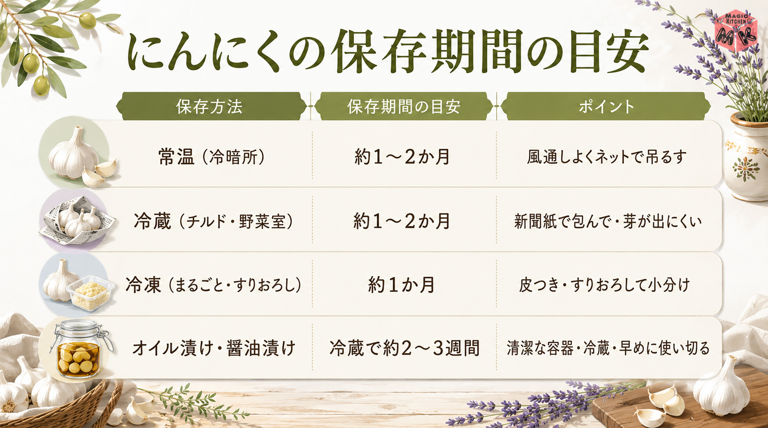 にんにくの保存期間の早見表