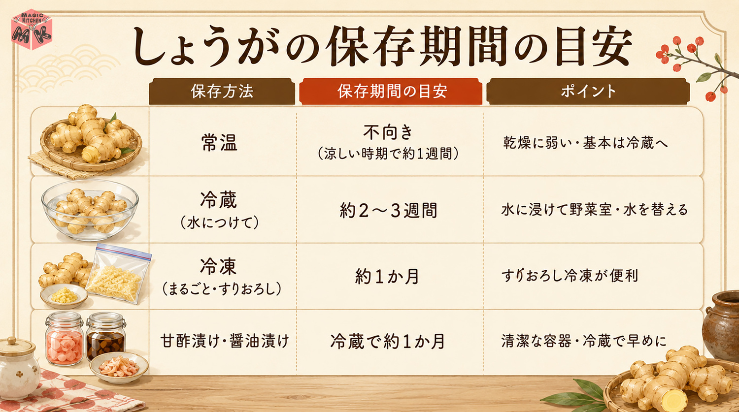 しょうがの保存期間の早見表