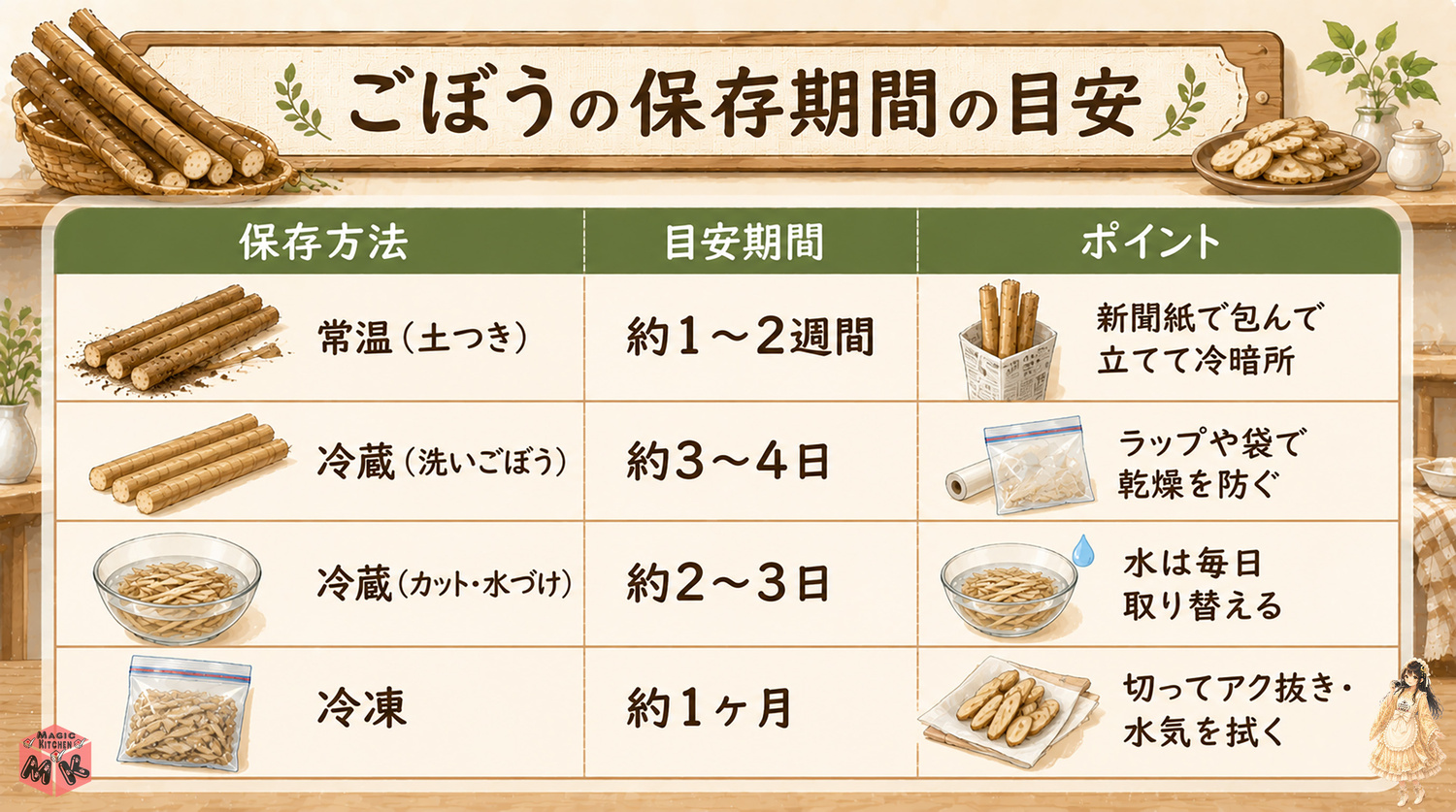 ごぼうの保存期間の早見表