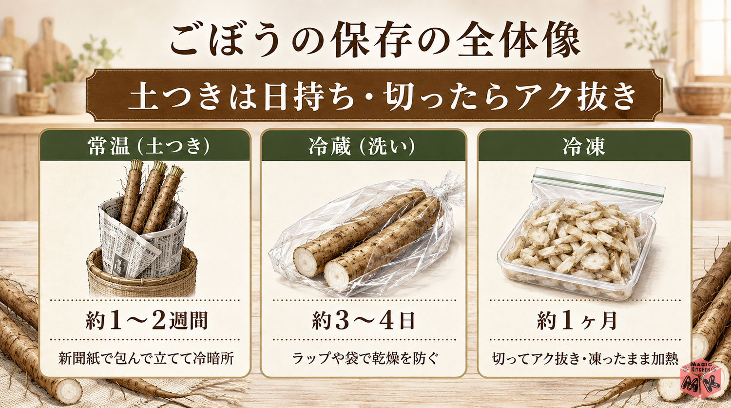 ごぼうの保存方法の全体像インフォグラフィック