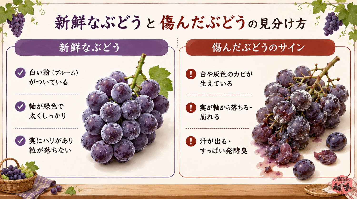 新鮮なぶどうと傷んだぶどうの見分け方