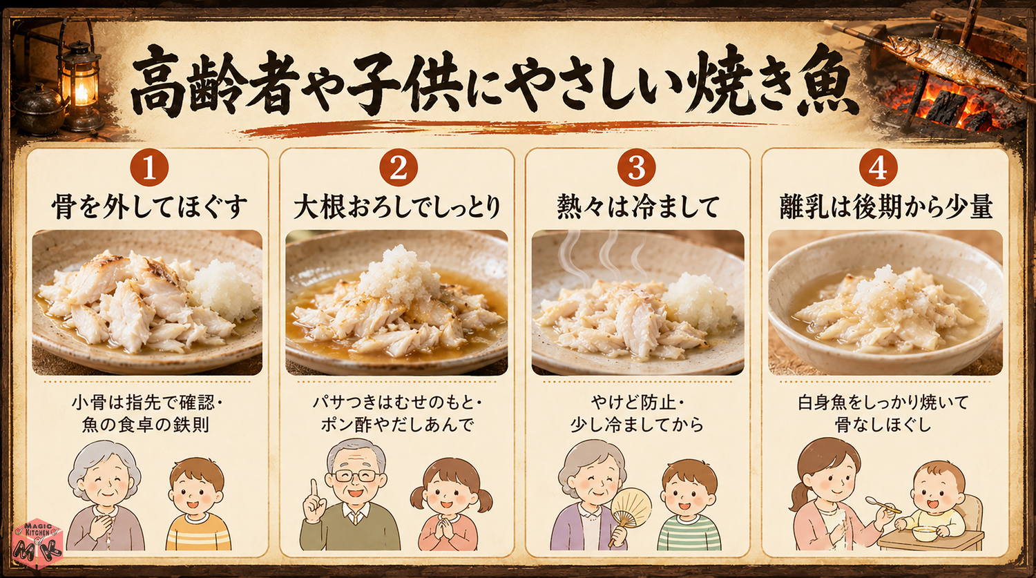 高齢者や子供にやさしい焼き魚の工夫の図解