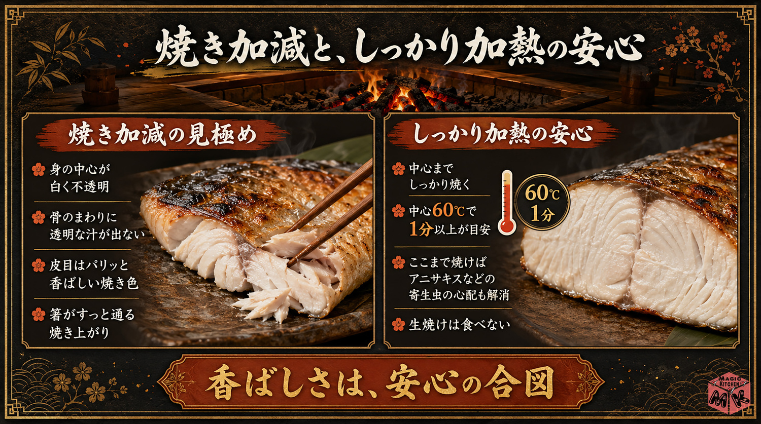 焼き魚の焼き加減としっかり加熱の図解