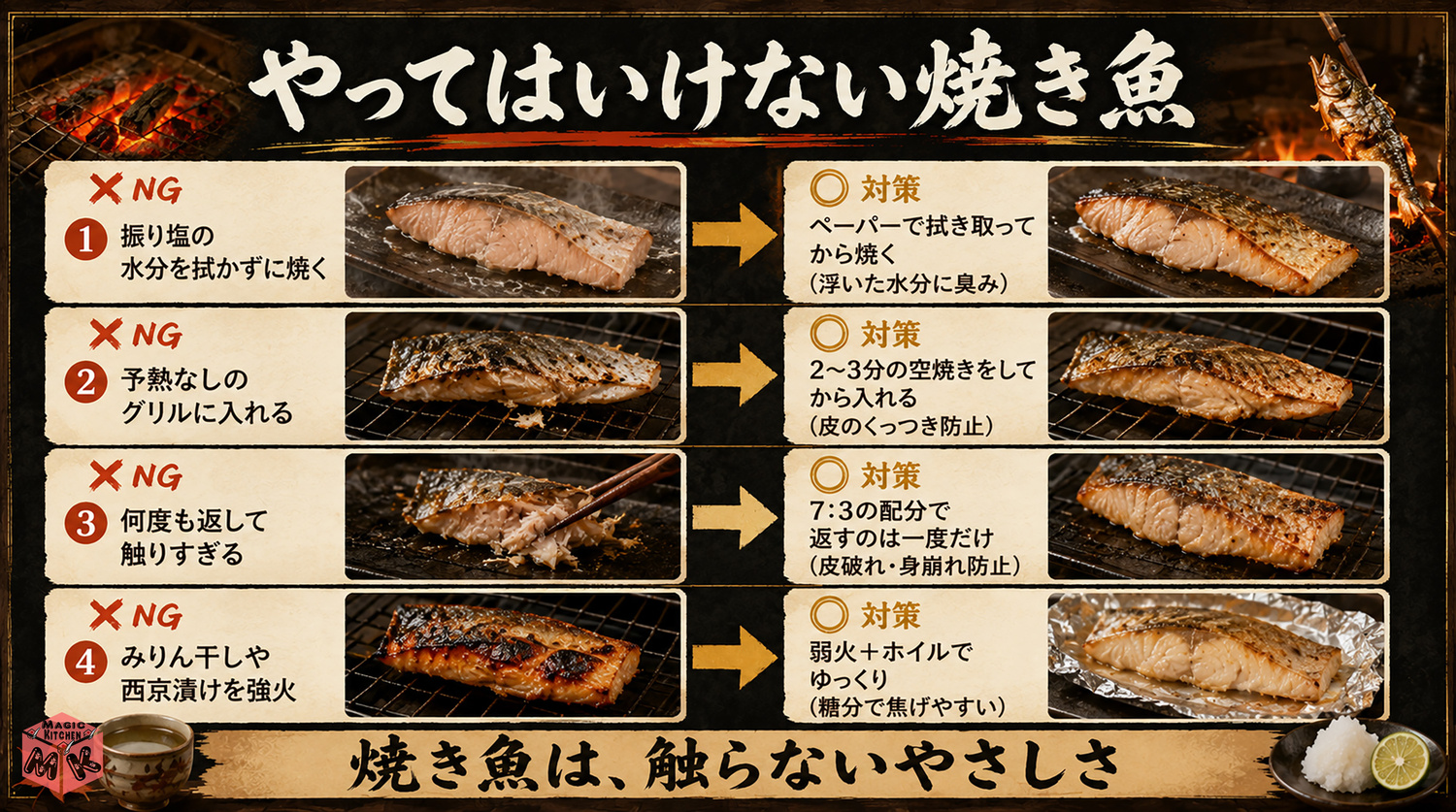 やってはいけない焼き魚の図解