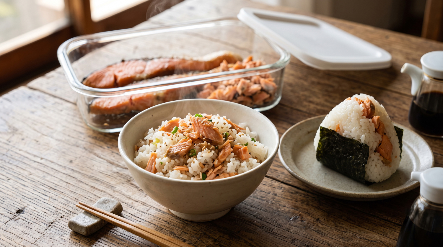焼き魚の作り置きと翌日のほぐしごはんの図解