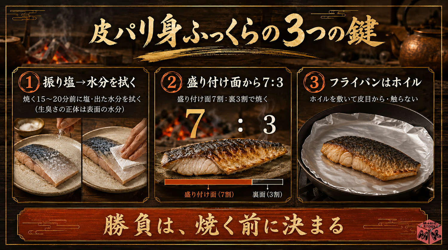 焼き魚のコツの全体像(振り塩・7:3・しっかり加熱)