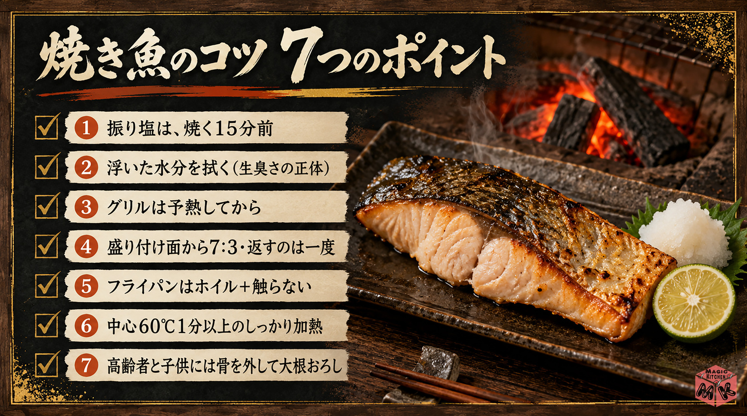 焼き魚のコツの7つのポイントまとめビジュアル