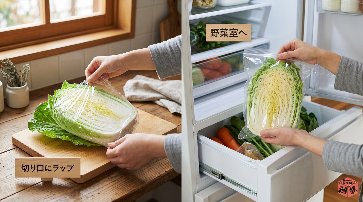 白菜の冷蔵保存 カット 切り口にラップ