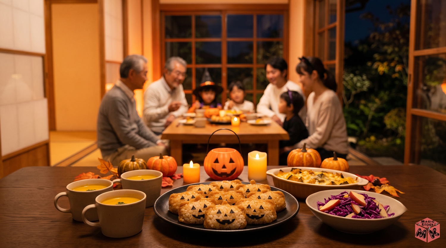 ハロウィンの夜に家族で食卓を囲むイメージ