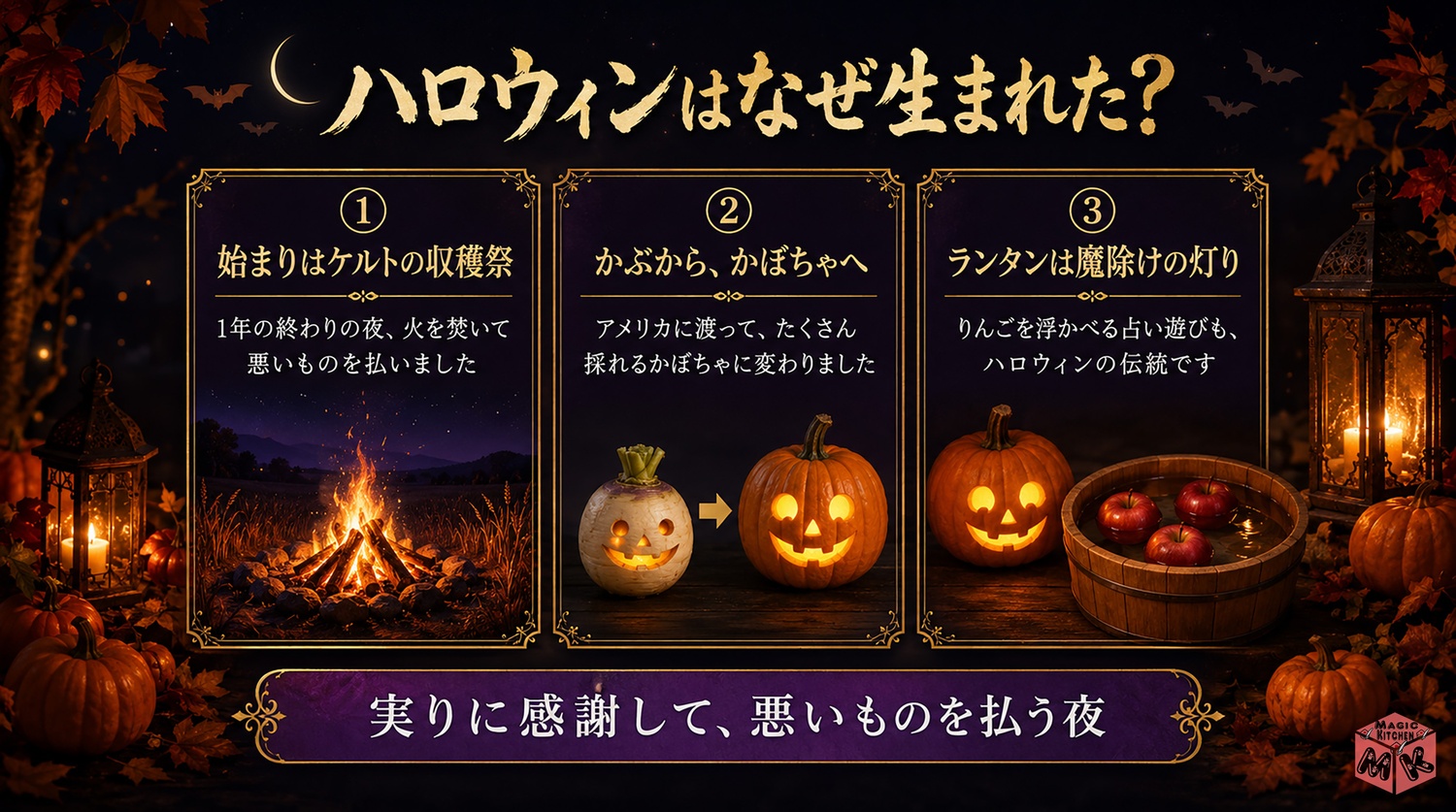 ハロウィンの由来とかぼちゃランタンの物語をまとめた図解