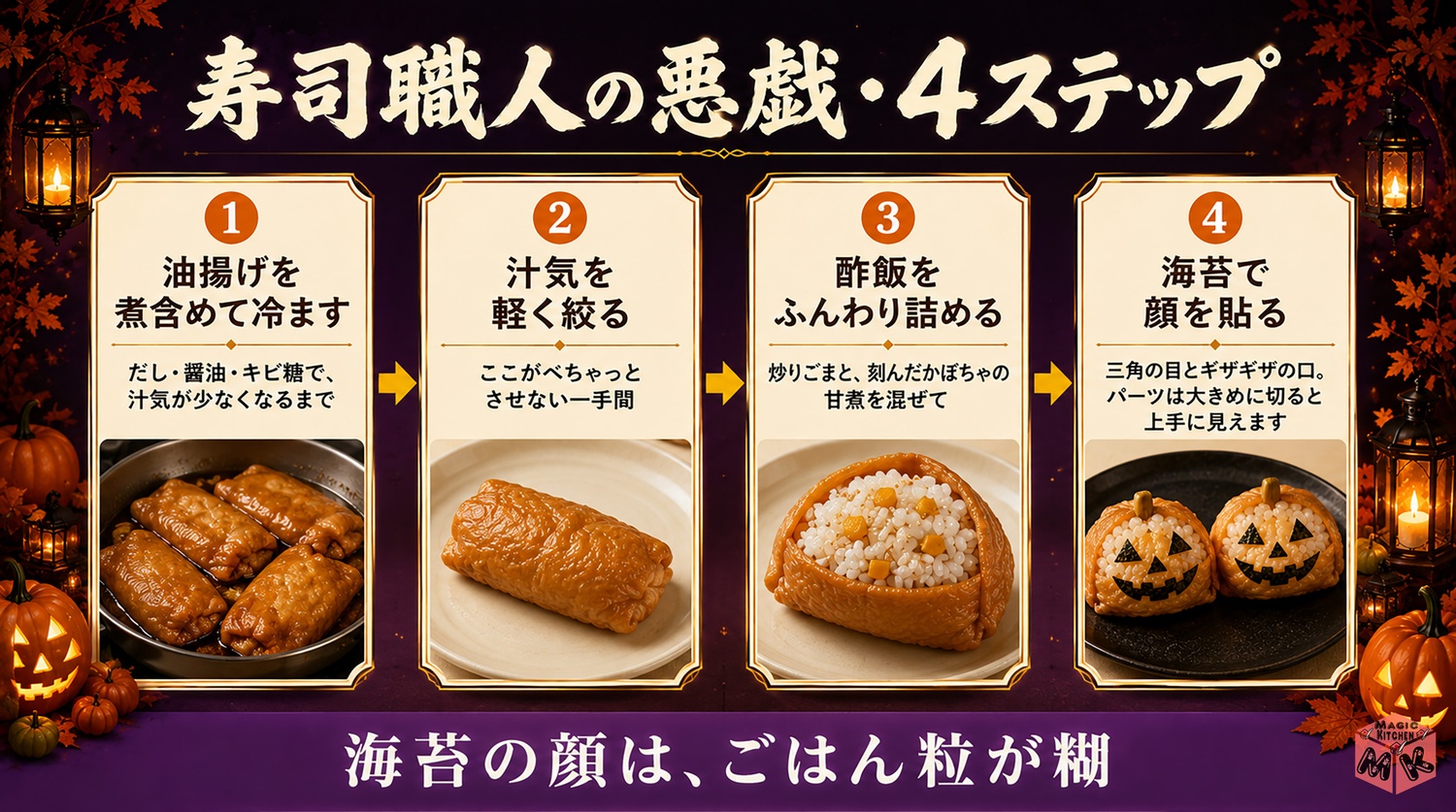 ジャックオランタンいなり寿司の作り方4ステップの図解