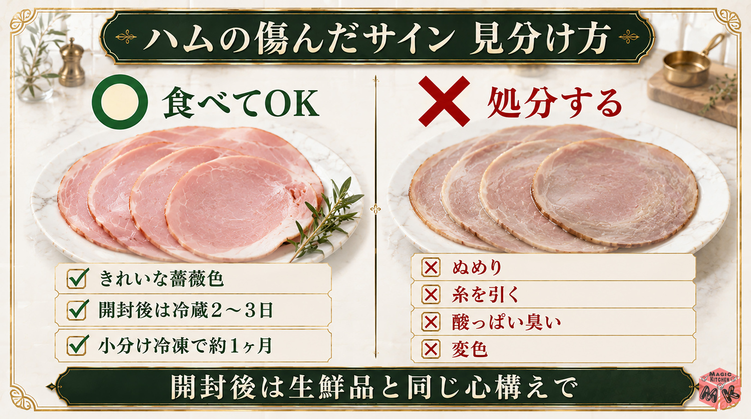 ハムの傷んだサインとやってはいけない保存の見分け図
