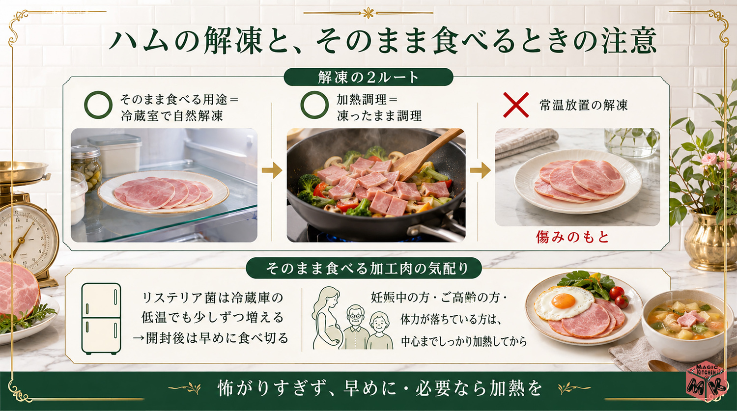 ハムの解凍方法とそのまま食べるときの注意の図解