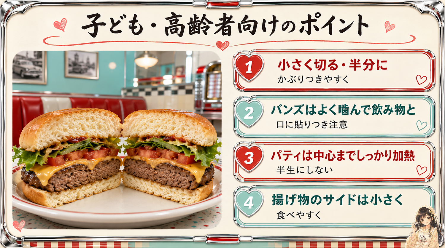 ハンバーガーの献立の子ども・高齢者向けの工夫の図解