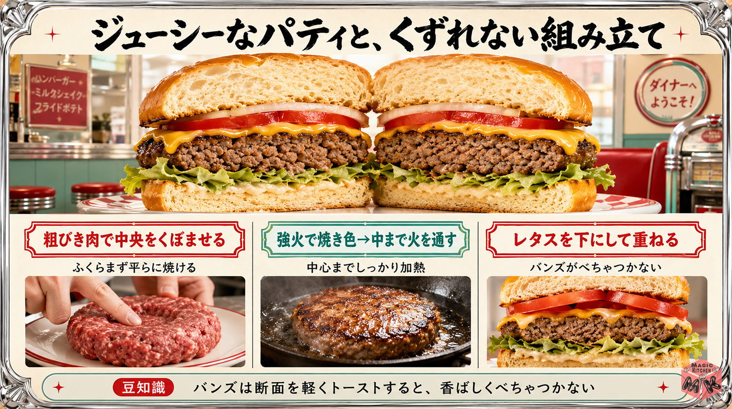ジューシーなパティと組み立ての図解