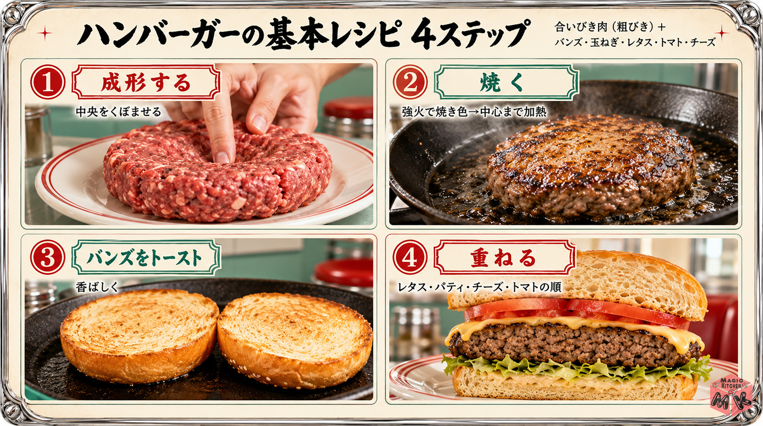ハンバーガーの基本レシピの工程図