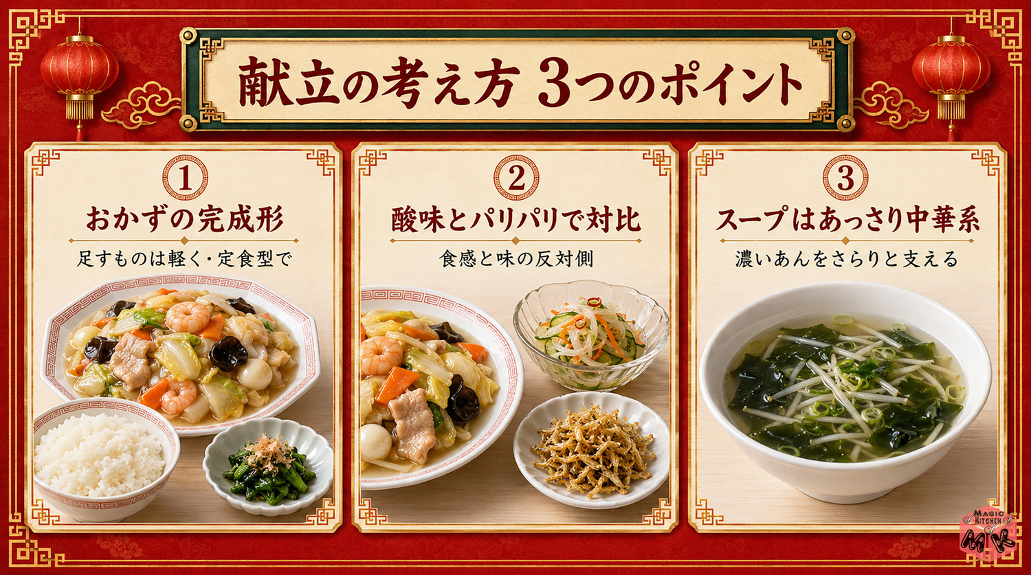 八宝菜に合う献立の考え方3つのポイントの図解