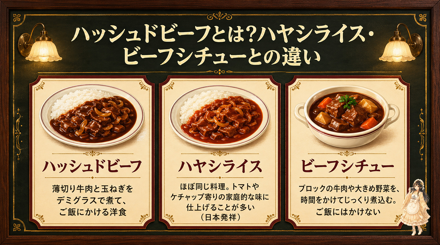 ハッシュドビーフとハヤシライス・ビーフシチューの違いの図解