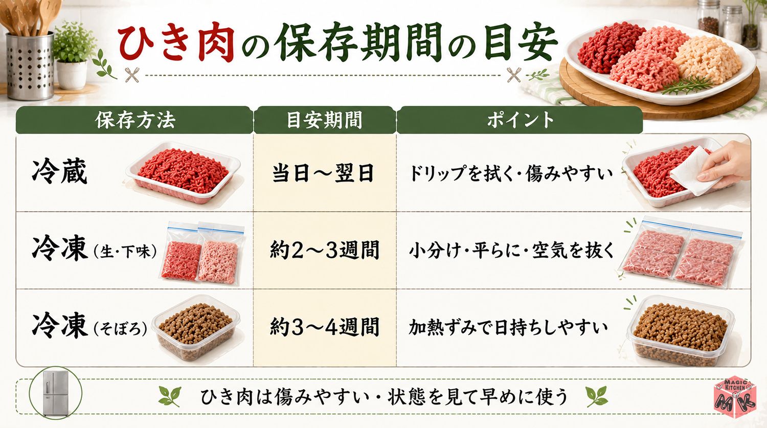 ひき肉の保存期間の早見表