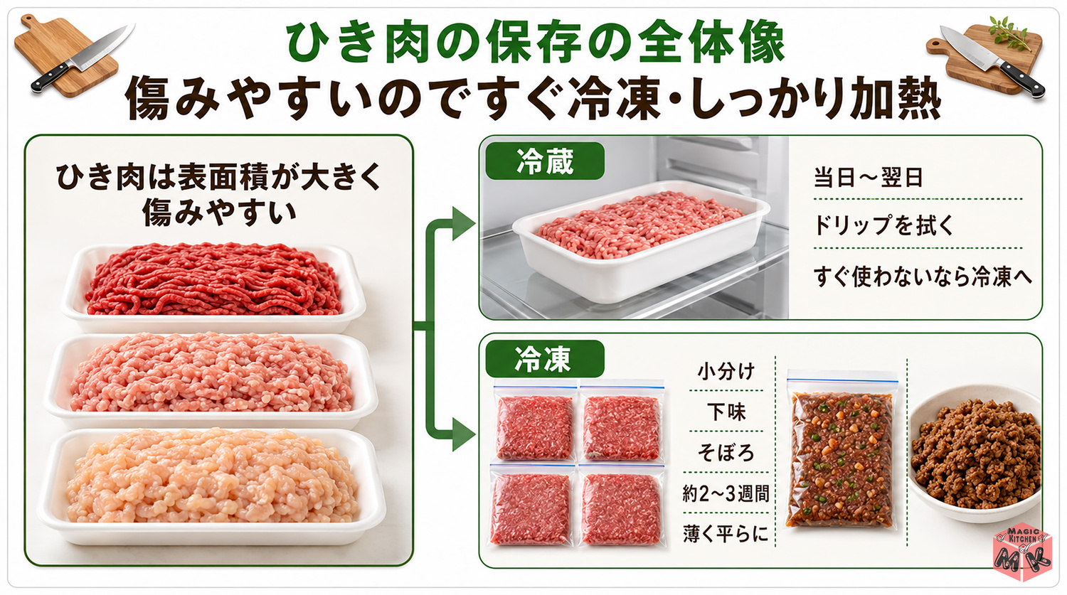 ひき肉の保存方法の全体像インフォグラフィック