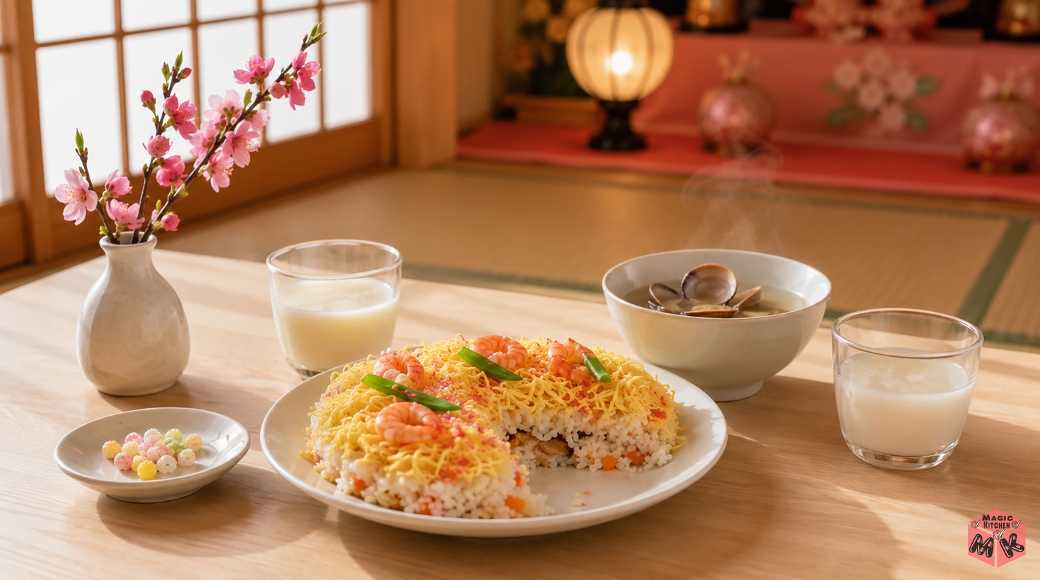 春の光の中のひな祭りの食卓と桃の花のイメージ