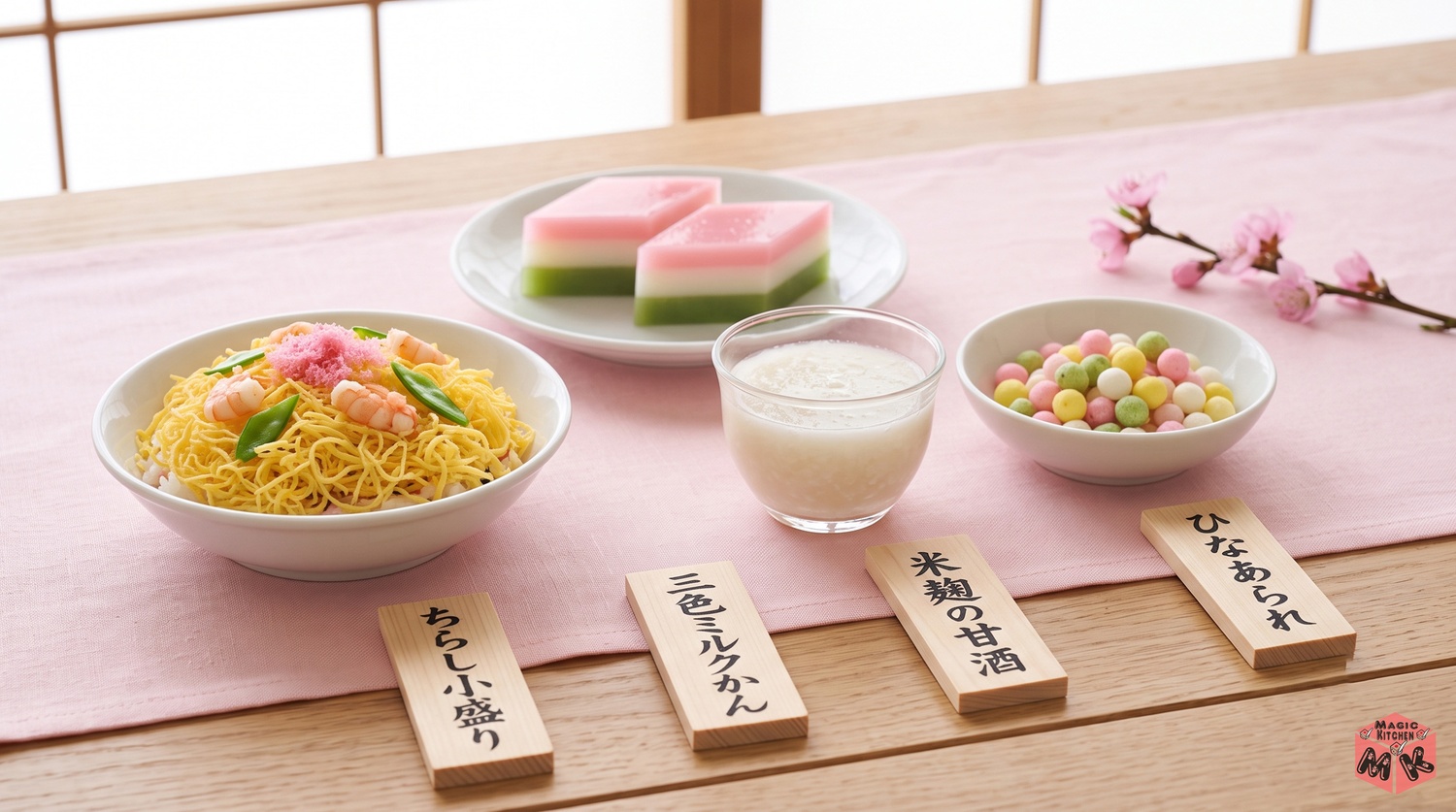 ひな祭りの献立例Bひなパーティー型の配膳イメージ