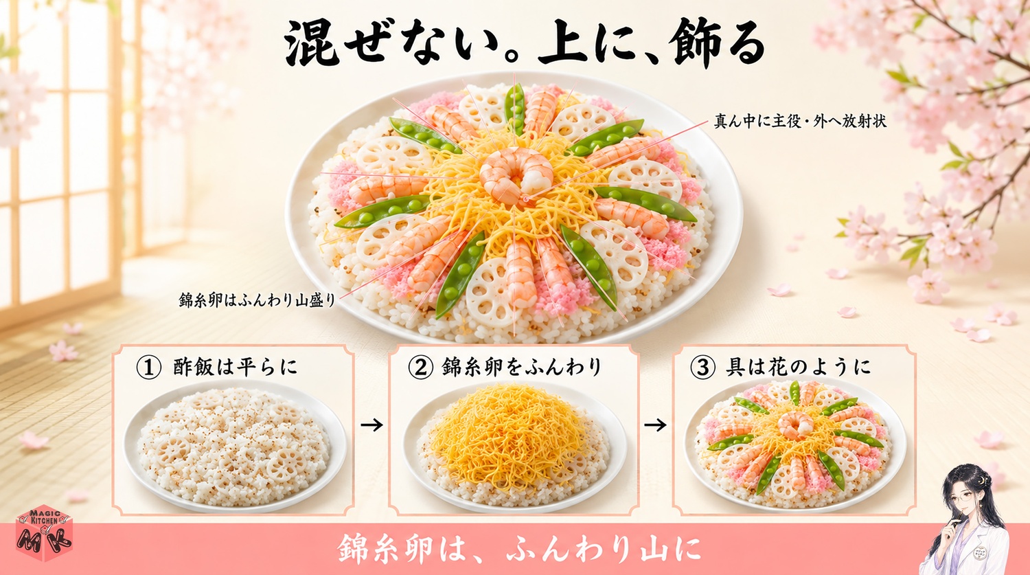 飾りちらし寿司の錦糸卵の盛り方と具の飾り方の図解