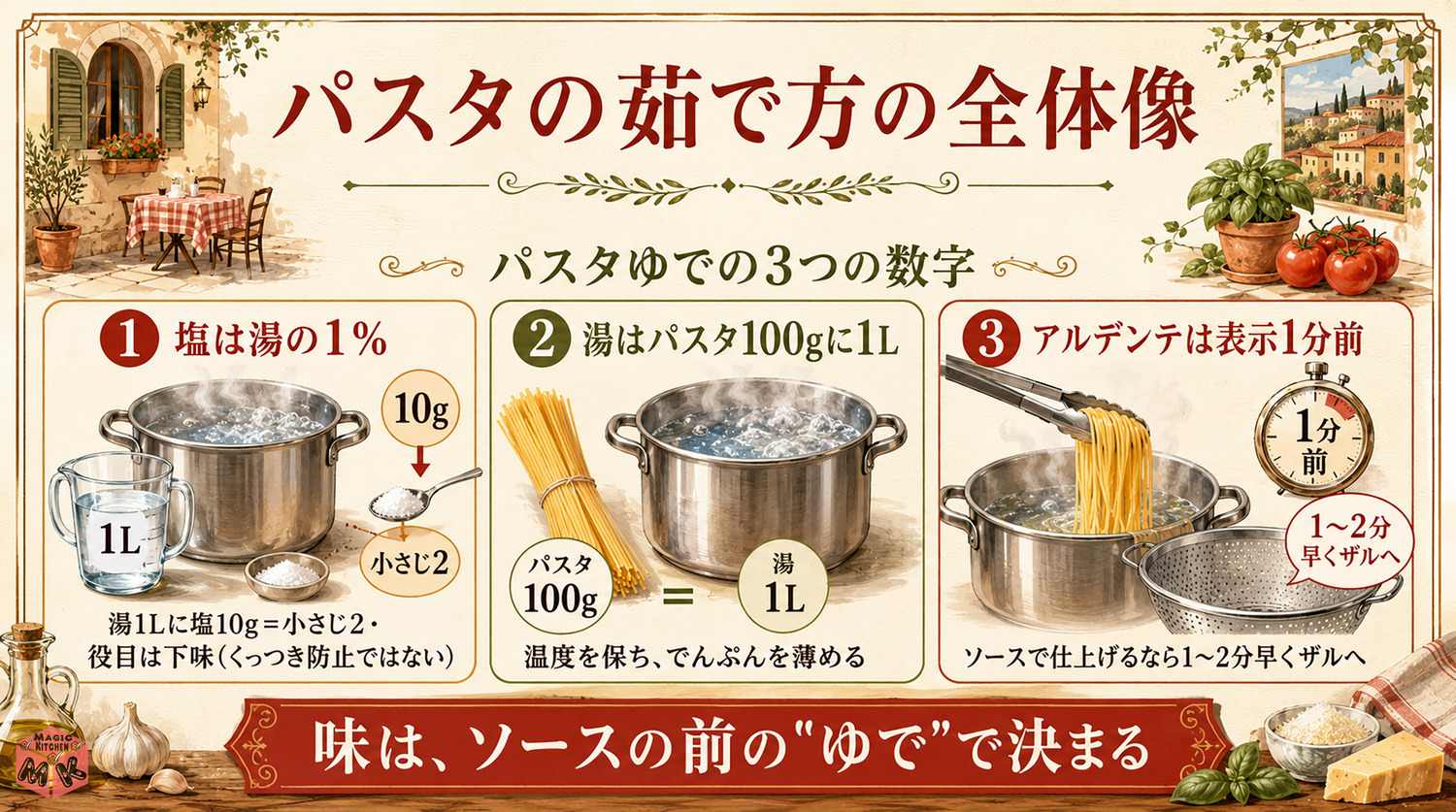 パスタの茹で方の全体像(塩1%・湯量・アルデンテ)