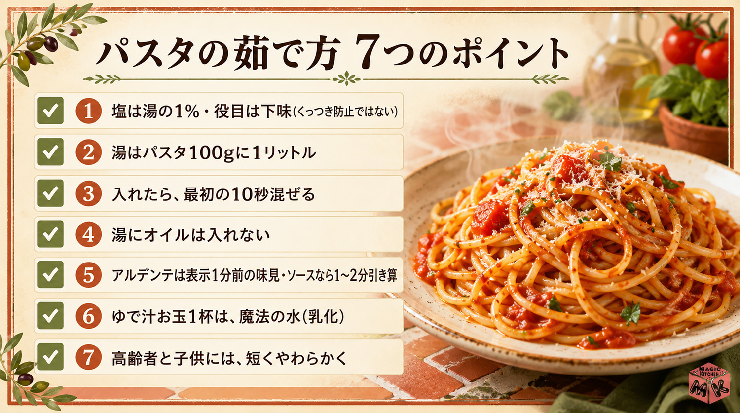 パスタの茹で方の7つのポイントまとめビジュアル