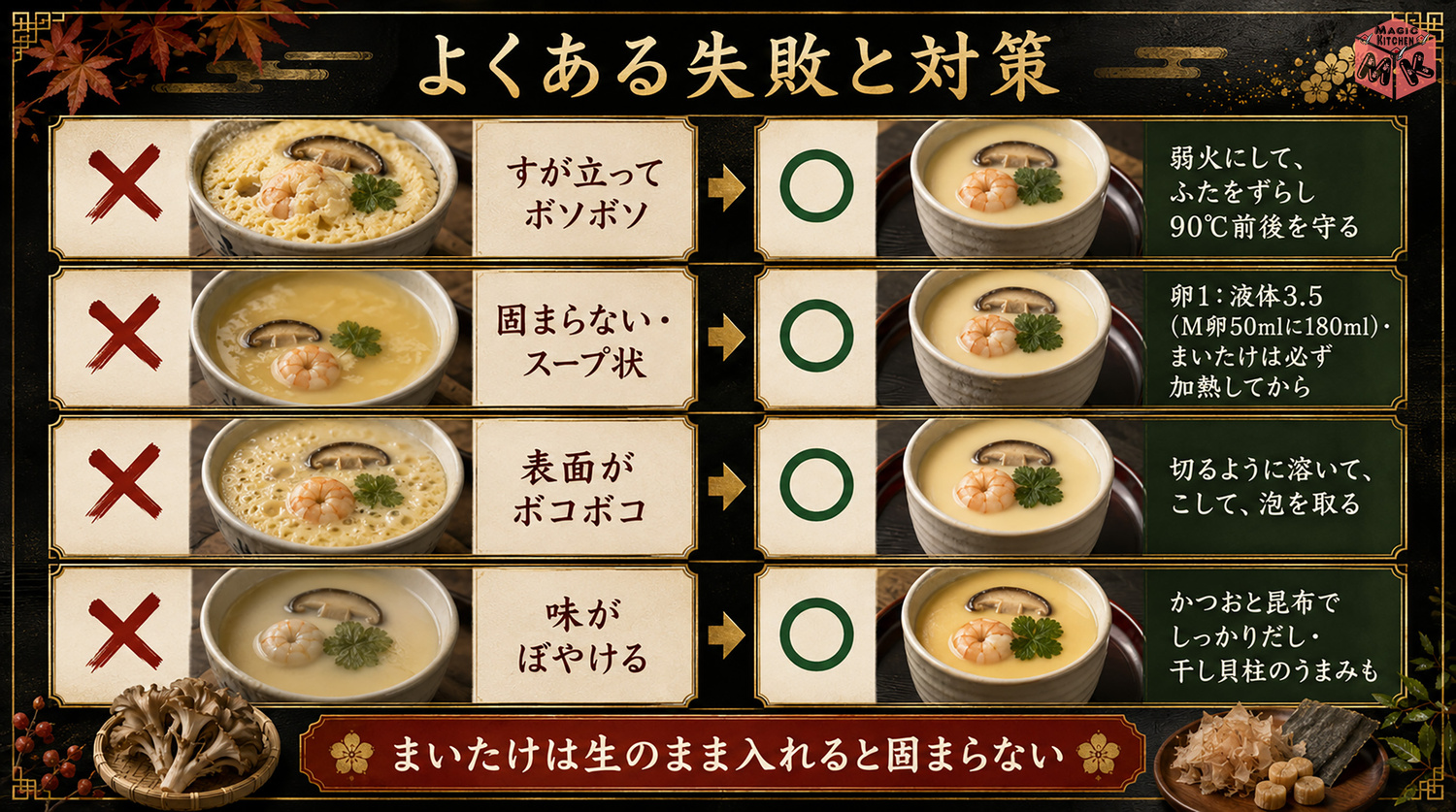 茶碗蒸しのよくある失敗と対策の図解