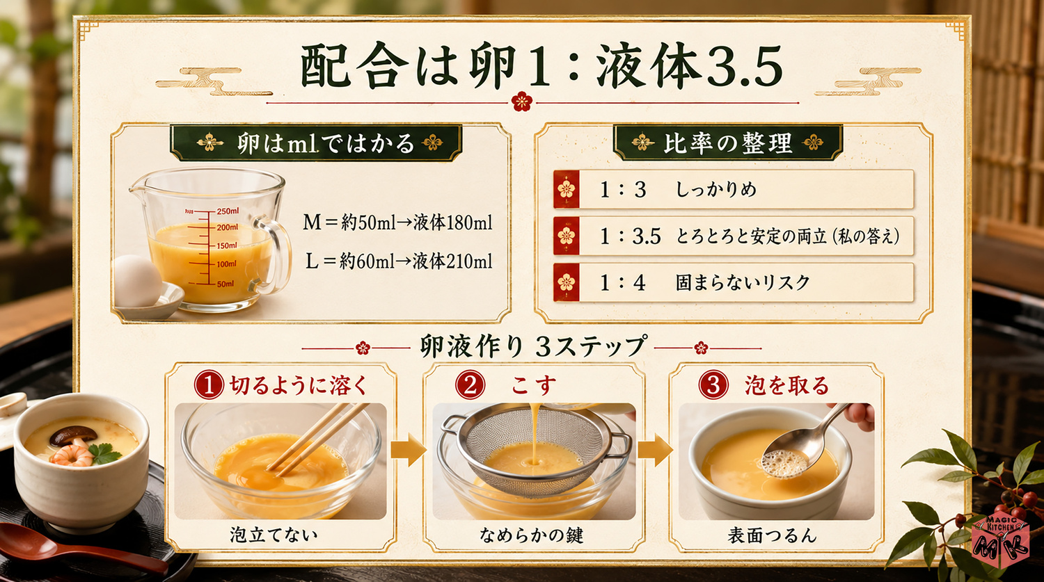 茶碗蒸しの配合と卵液作りの図解（卵1:液体3.5）
