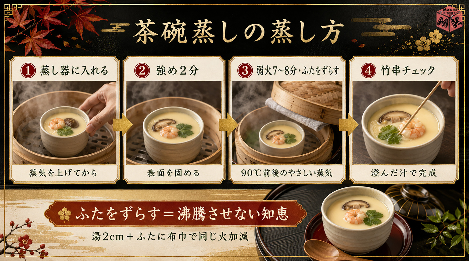 茶碗蒸しの蒸し方の工程図（強め2分&rarr;弱火7〜8分）