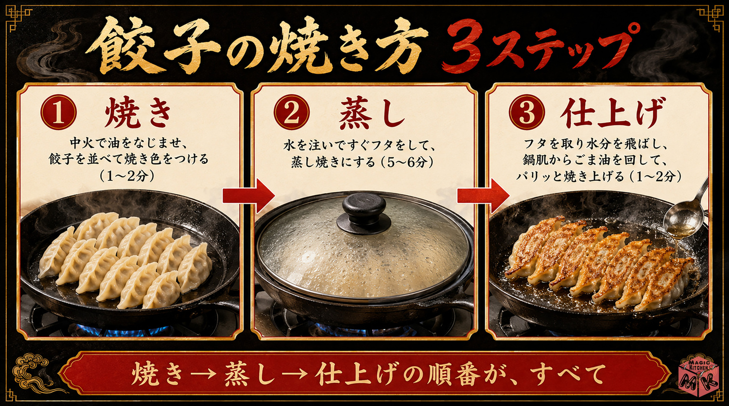餃子の焼き方の全体像インフォグラフィック