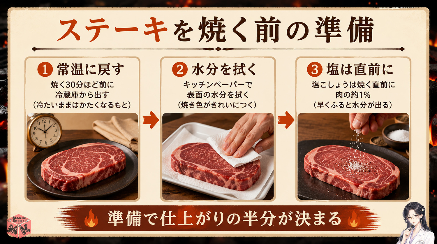 ステーキの焼く前の準備（常温に戻す・塩のタイミング）