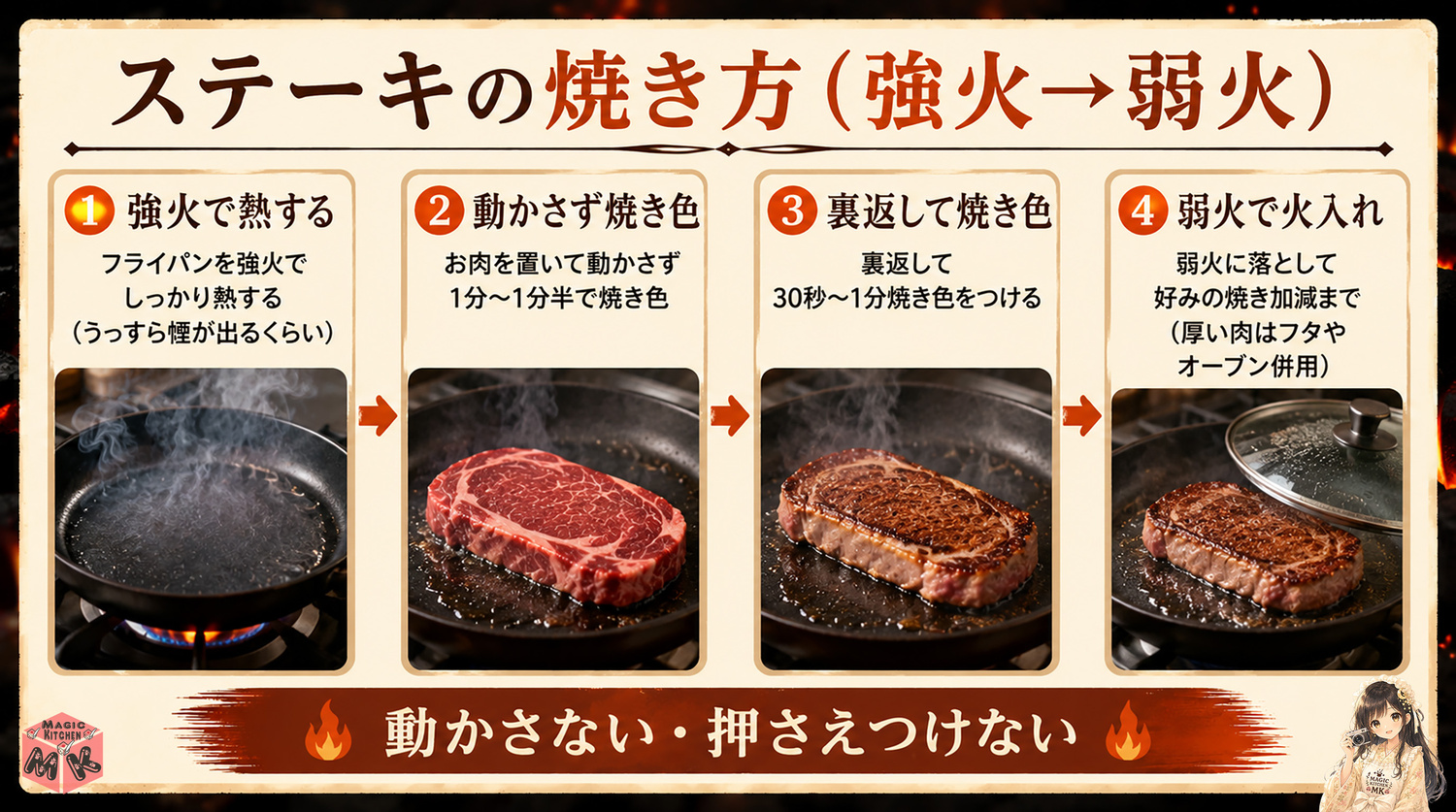 ステーキの焼き方（強火&rarr;弱火の黄金手順）