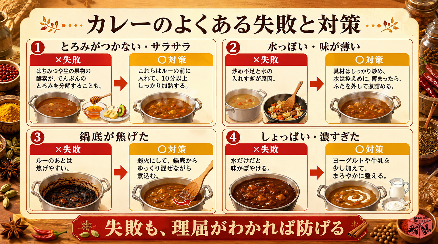 カレーの失敗と対策(とろみ・水っぽさ・焦げ)