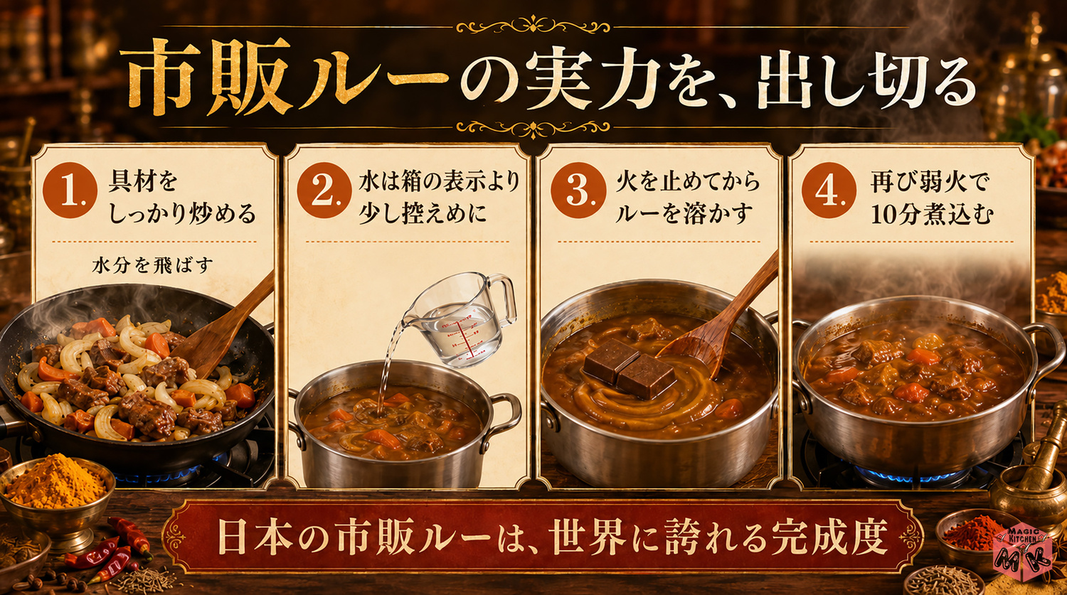 カレーの作り方の全体像インフォグラフィック