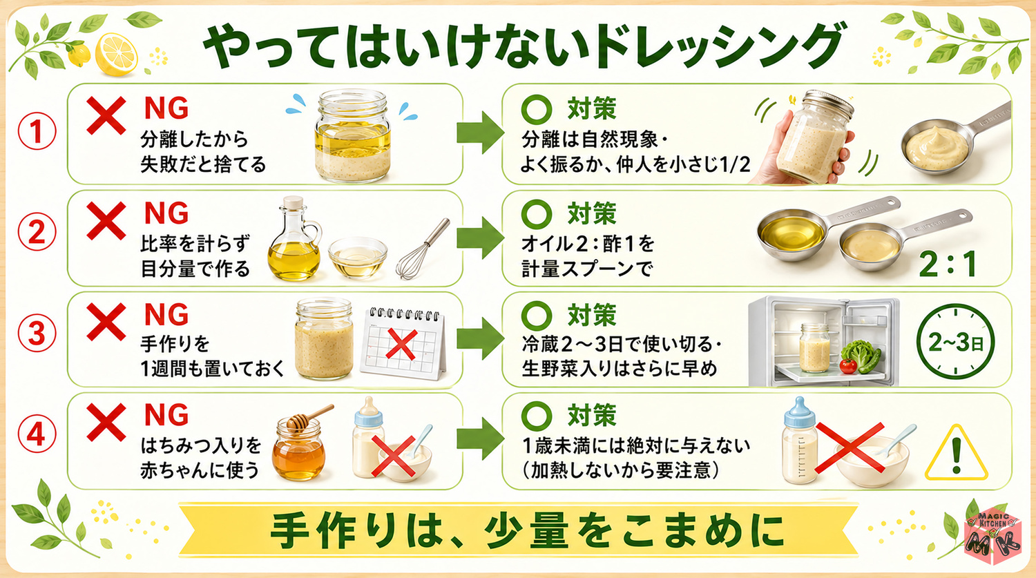 手作りドレッシングのやってはいけない4つの図解