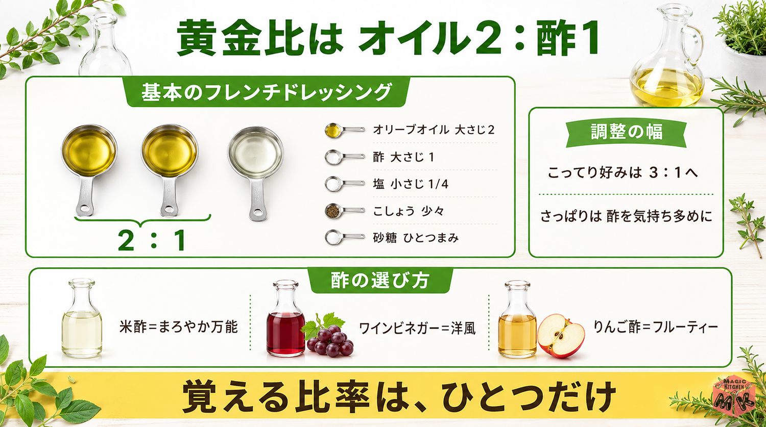 ドレッシングの黄金比オイル2:酢1の図解