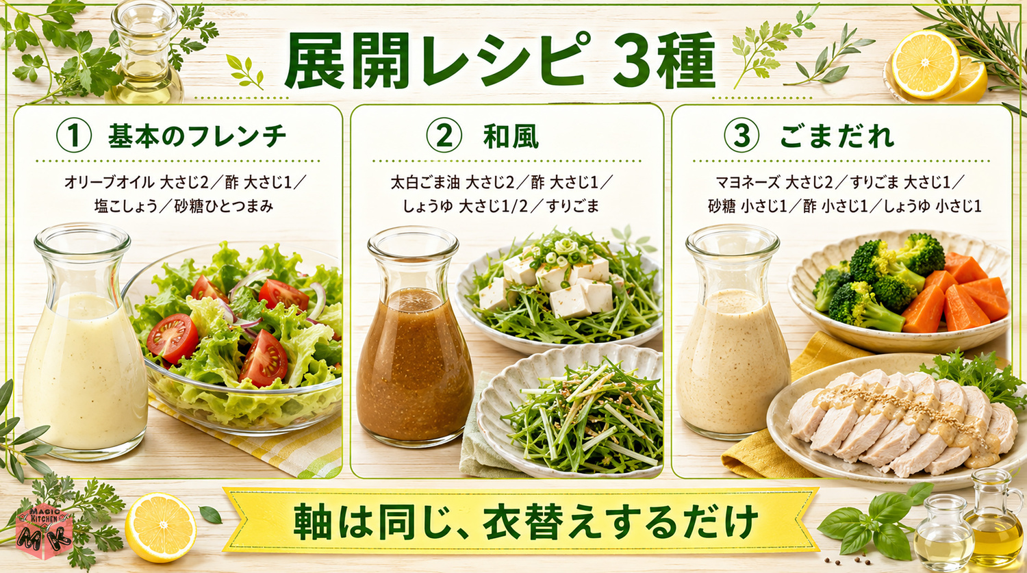ドレッシングの展開レシピ(和風・ごまだれ)の図解