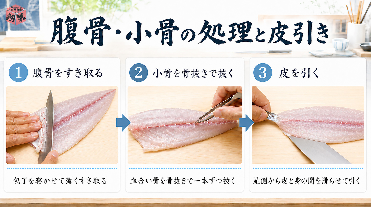 腹骨・小骨の処理と皮の引き方