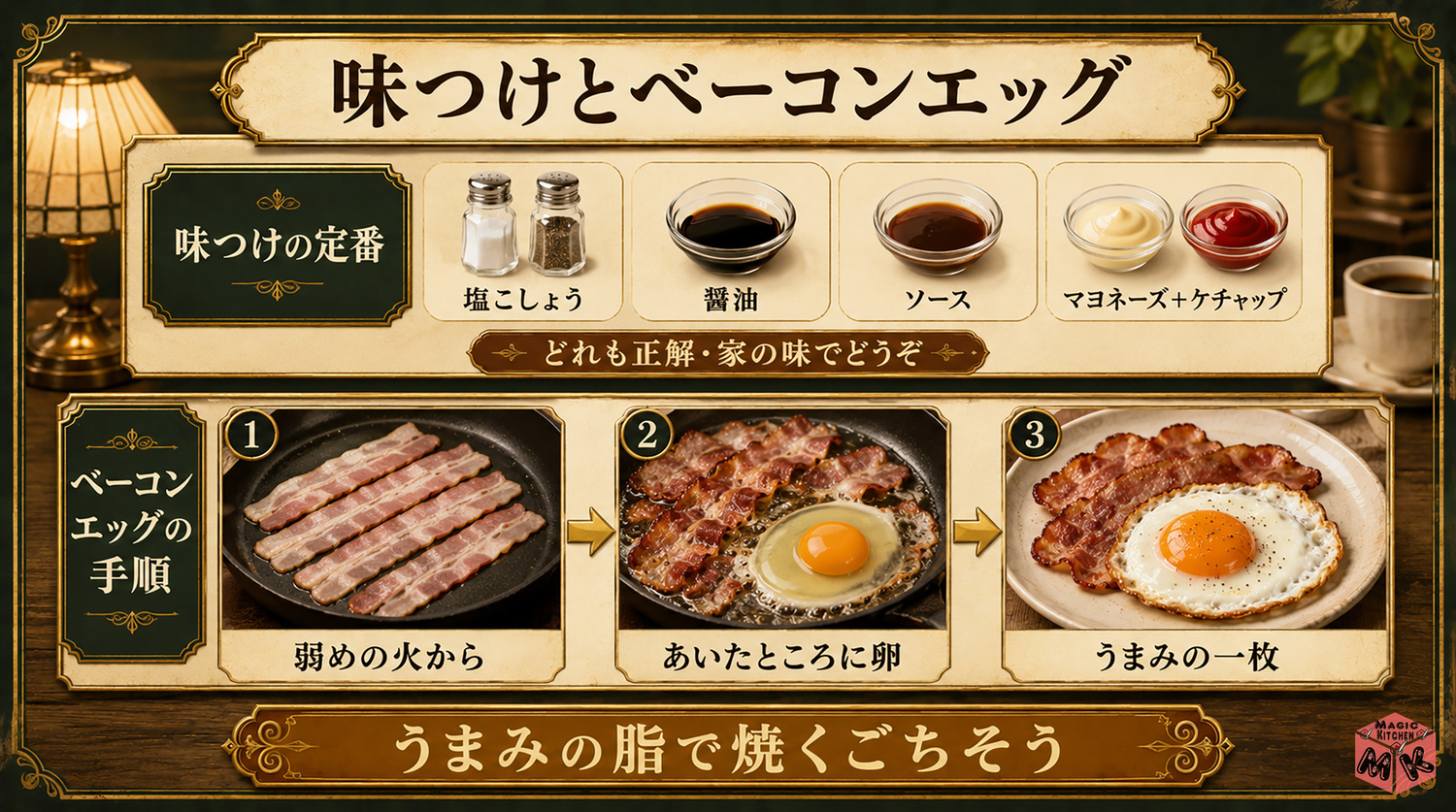 目玉焼きの味つけとベーコンエッグの図解