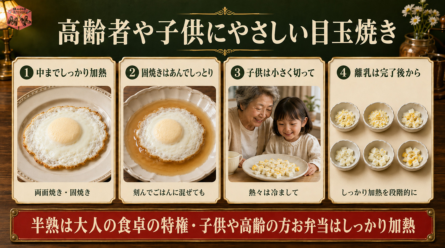 高齢者や子供にやさしい目玉焼きの工夫の図解