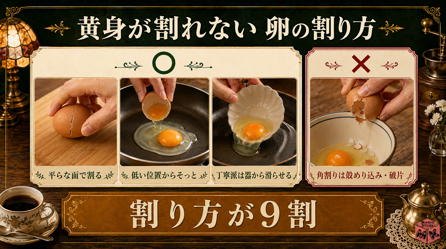 黄身が割れない卵の割り方の図解