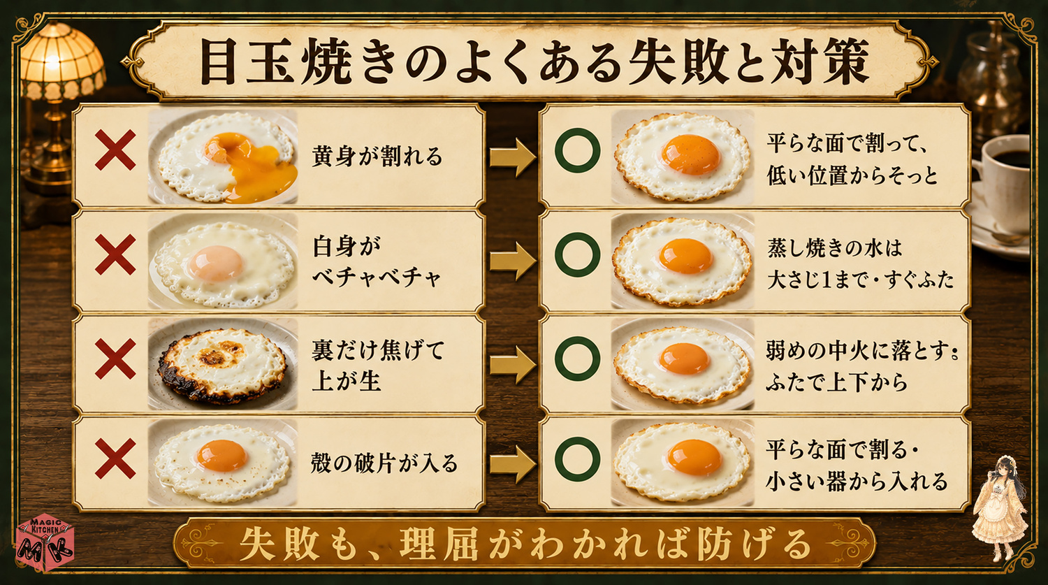 目玉焼きのよくある失敗と対策の図解
