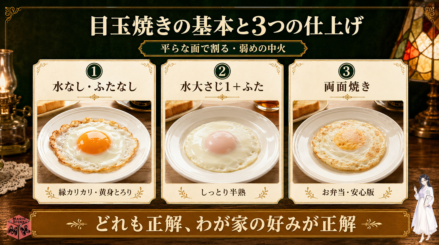 目玉焼きの作り方の全体像インフォグラフィック
