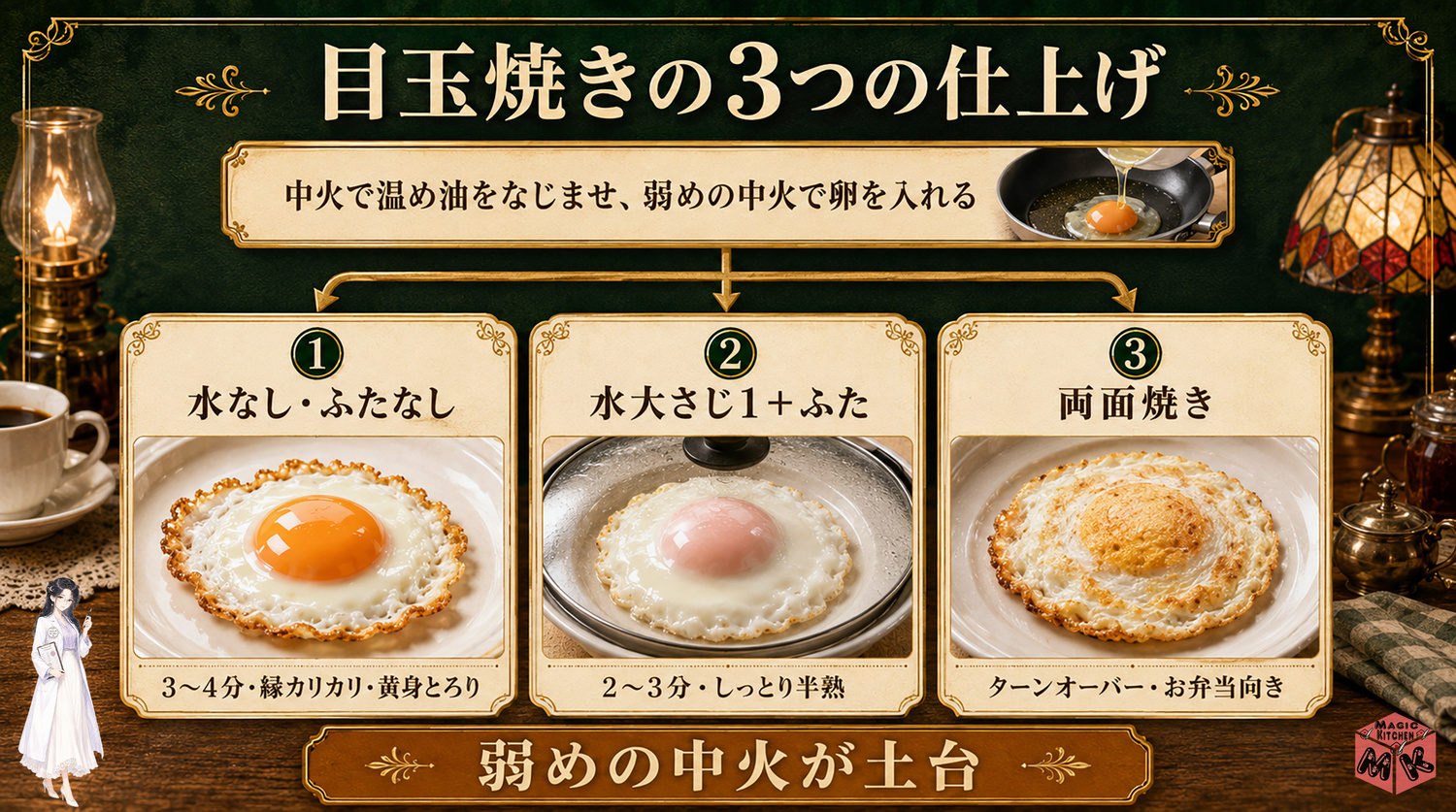 目玉焼きの3つの仕上げの工程図