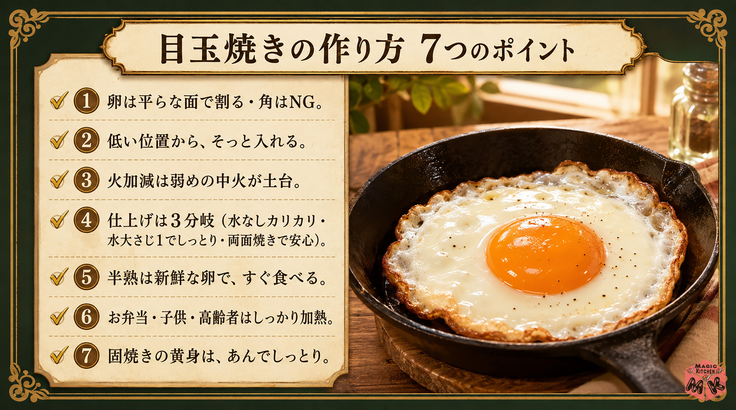 目玉焼きの作り方の7つのポイントまとめビジュアル